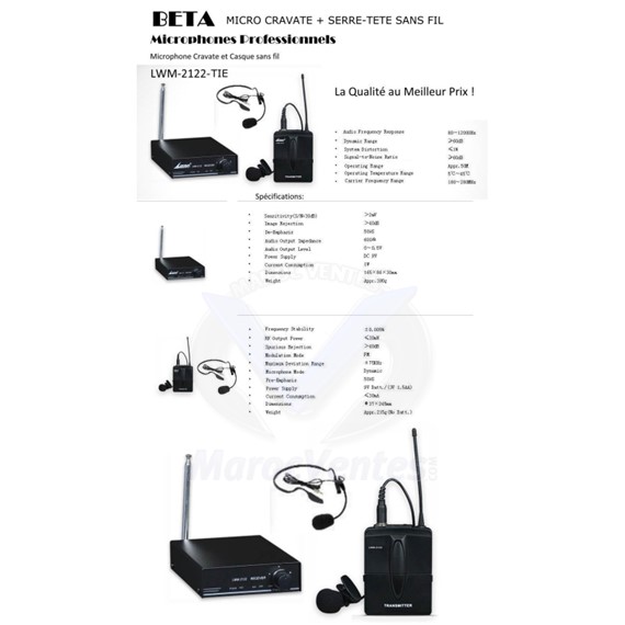 MICRO SANS FIL CRAVATE + SERRE-TÊTE BETA KIT MICROPHONE SANS FIL CRAVATE ET CASQUE AVEC RÉCEPTEUR SANS FIL LWM-2122